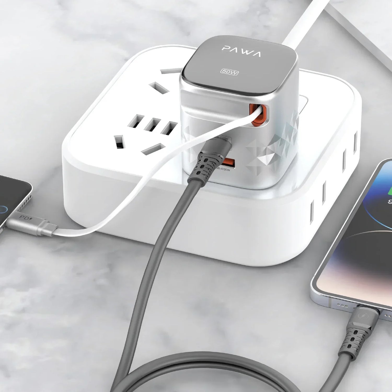 Pawa Retro 50W UK Charger With Retractable Cable - Grey & Black ( PW-TAR50ACT-GYBK)