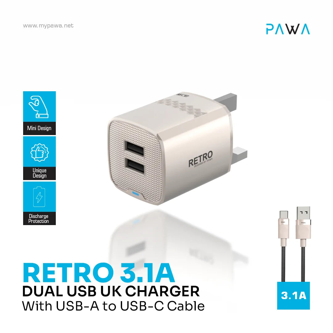PW-TCR31UKT-TT | PAWA Retro 3.1A Dual Usb Travel Adapter With UK Plug With Type-C Cable | Titanium