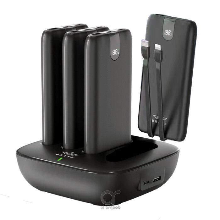 BRAVE 4-in-1 10000mAh Slim Power Bank Station with PD 22.5W Type-C & 20W Lightning Cables, & LED Display - Black