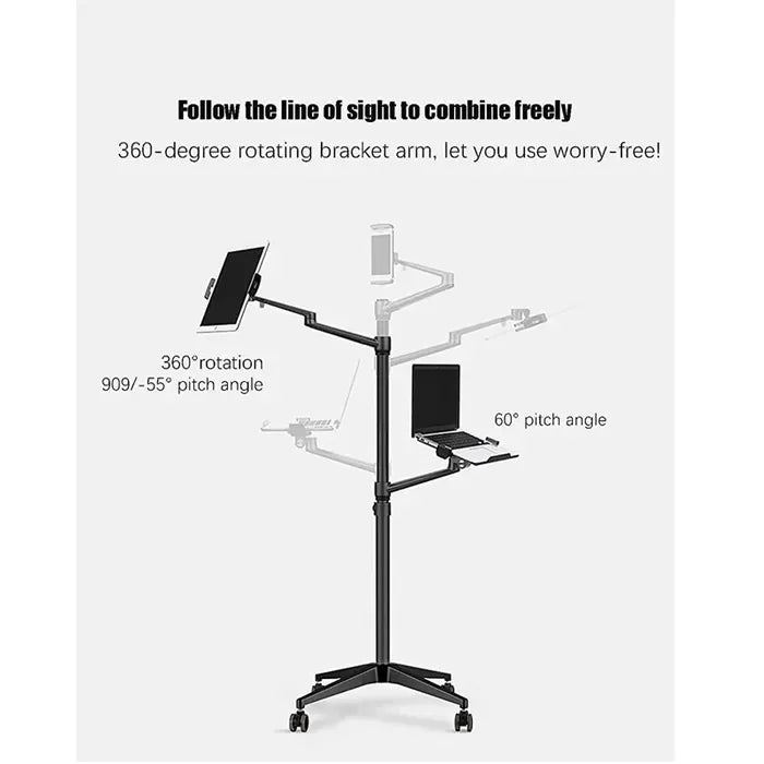Multifunction Computer Floor Stand For Laptop/tablet/phone Holder Height/angle Adjustable With Wheel Aluminum Up-9l - Black