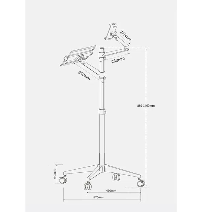 Multifunction Computer Floor Stand For Laptop/tablet/phone Holder Height/angle Adjustable With Wheel Aluminum Up-9l - Black
