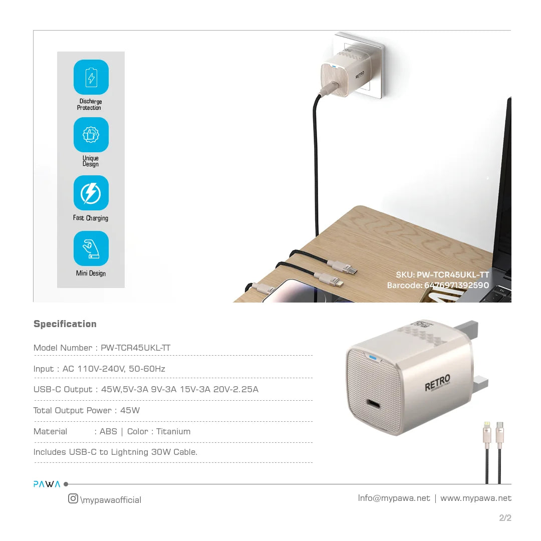 PW-TCR45UKL-TT | كابل باوا ريترو ٤٥ واط بمنفذ Type-C مع قابس بريطاني وكابل Type-C إلى Lightning | تيتانيوم