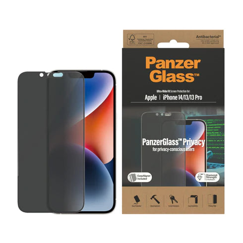 310103625، واقي شاشة الخصوصية PanzerGlass™ لجهاز Apple iPhone 14 و13 و13 Pro Ultra-Wide Fit مع EasyAligner-P2783