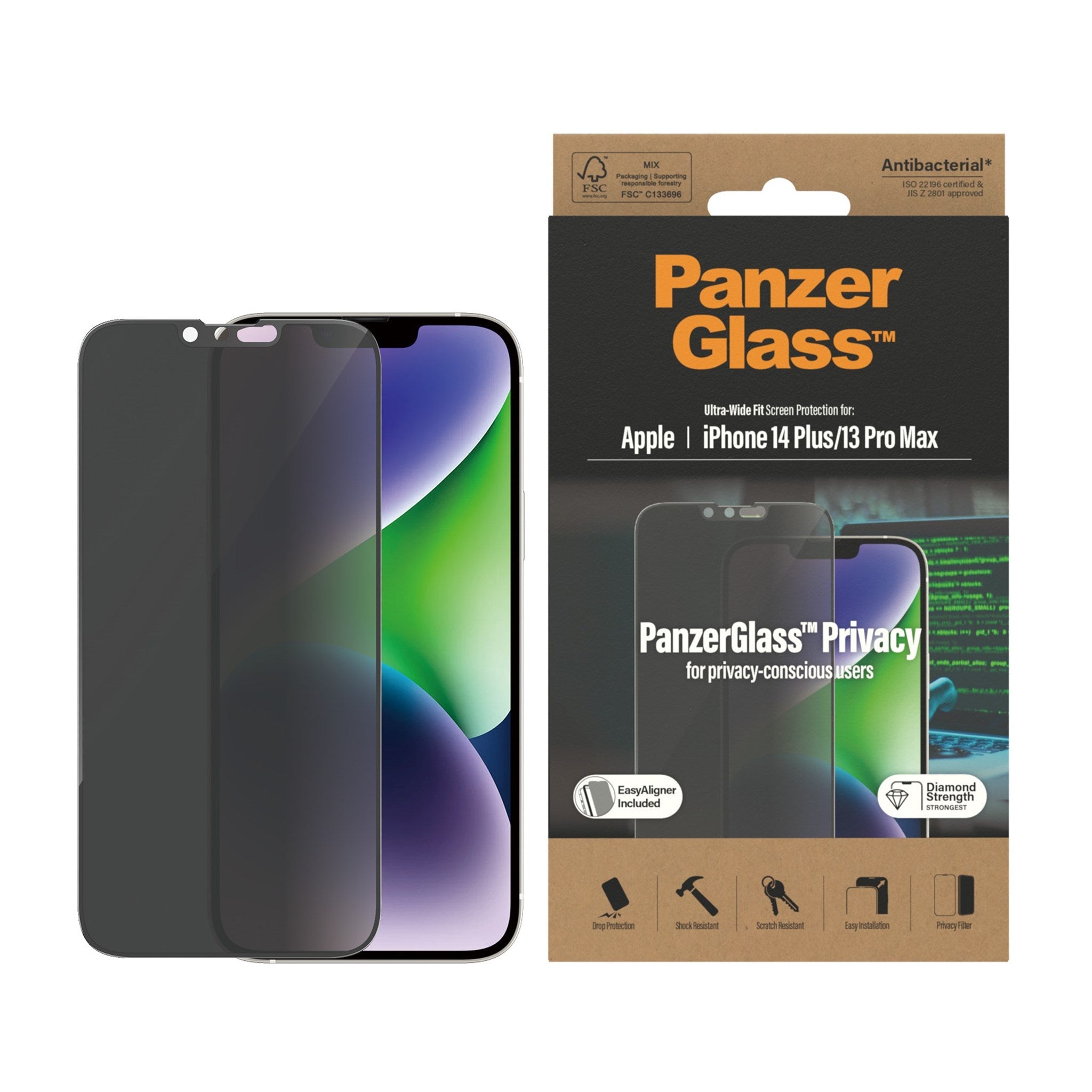 310103627، واقي شاشة الخصوصية PanzerGlass™ لهاتف iPhone 14 Plus و13 Pro Max، ملائم للغاية مع EasyAlig - P2785