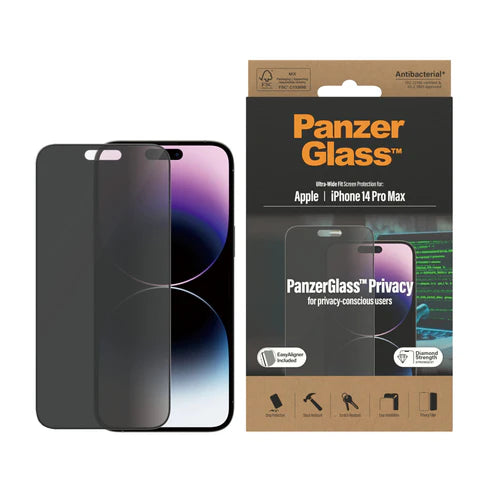 310103628، واقي شاشة الخصوصية PanzerGlass™ لجهاز Apple iPhone 14 Pro Max، مقاس واسع للغاية مع EasyAligner - P2786