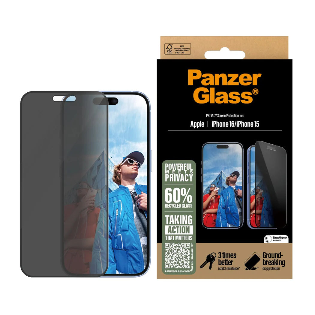 9000300480 | واقي شاشة PanzerGlass® للخصوصية، آيفون 16 | 15 | مقاس عريض للغاية مع EasyAligner