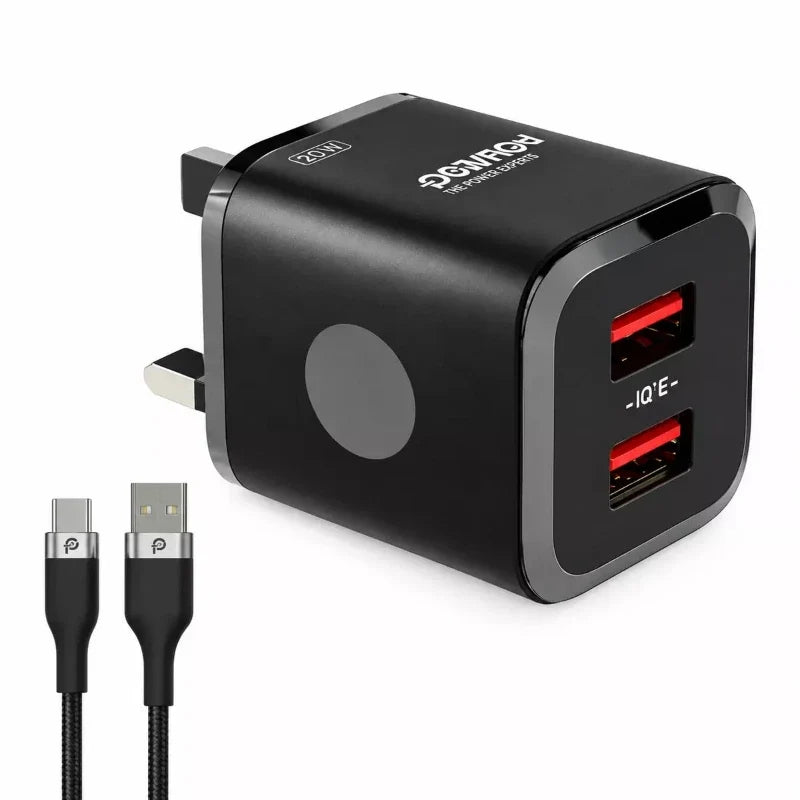 Powero+ Miniature 3.1A Dual USB UK Charger with Braided Micro Cable-Black
