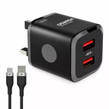 Powero+ Miniature 3.1A Dual USB UK Charger with Braided Micro Cable-Black