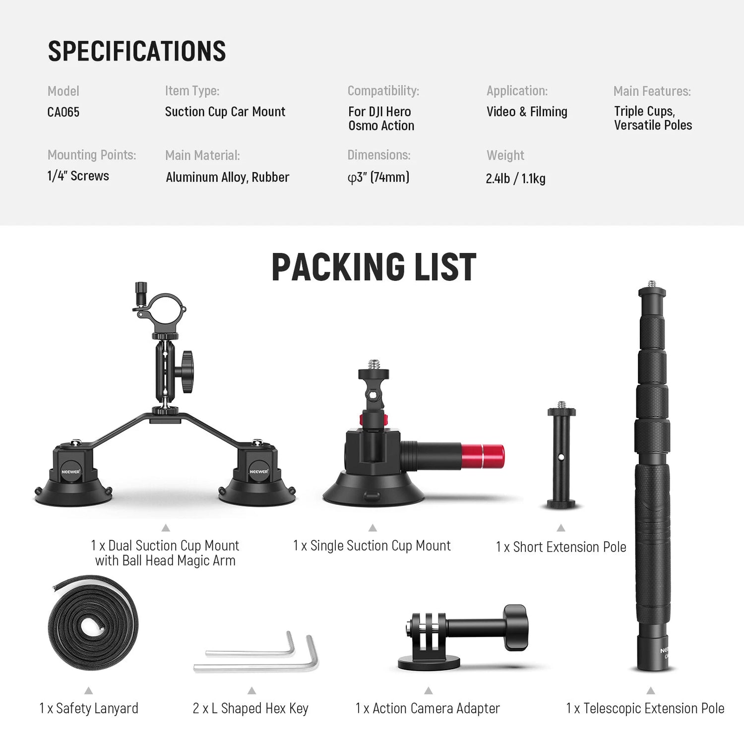 حامل كاميرا للسيارة من نيور، طقم 3 في 1 مزود بأكواب شفط مع قضيب تمديد
