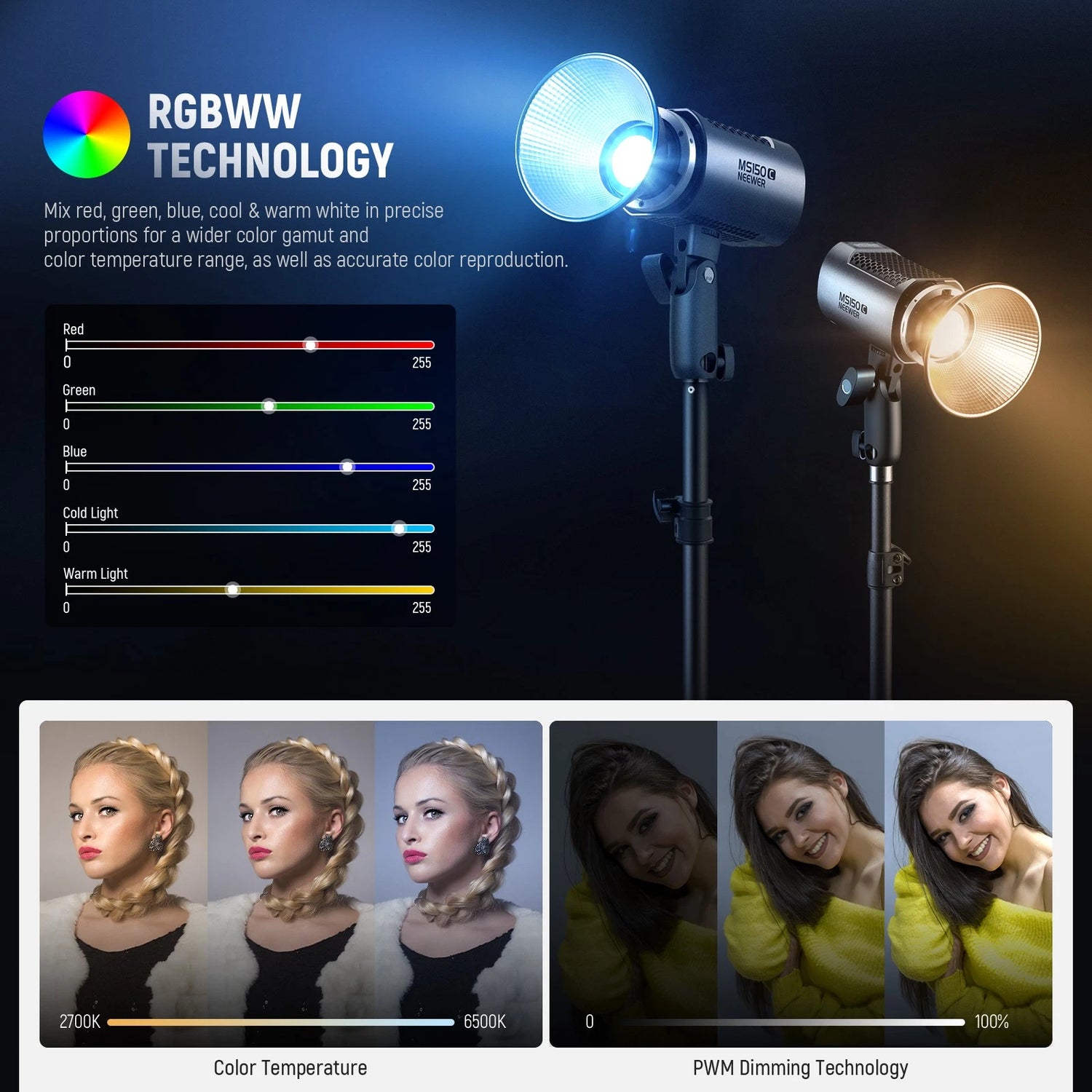 مصباح NEEWER MS150CD RGBWW LED - 150 واط، CRI97+، حامل Bowens، APP/2.4G