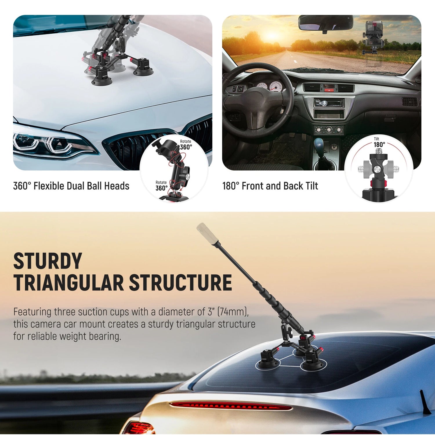 حامل كاميرا للسيارة من نيور، طقم 3 في 1 مزود بأكواب شفط مع قضيب تمديد