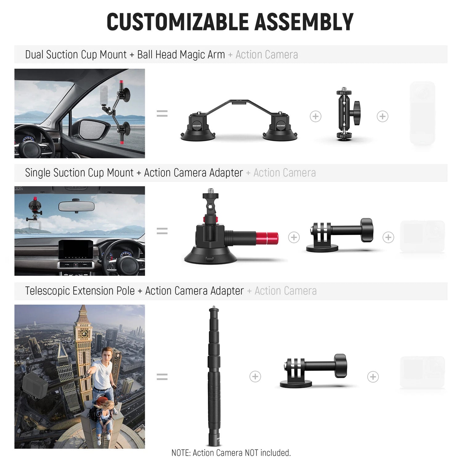 حامل كاميرا للسيارة من نيور، طقم 3 في 1 مزود بأكواب شفط مع قضيب تمديد
