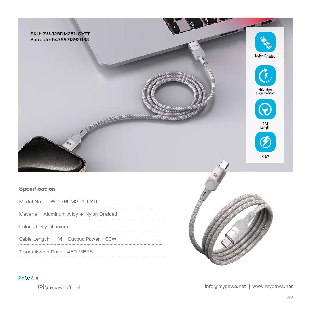 PW-12BDM251-GYTT | PAWA Levin Magnetic Braided Usb-C To Usb-C Cable 1M 60W | Grey Titanium