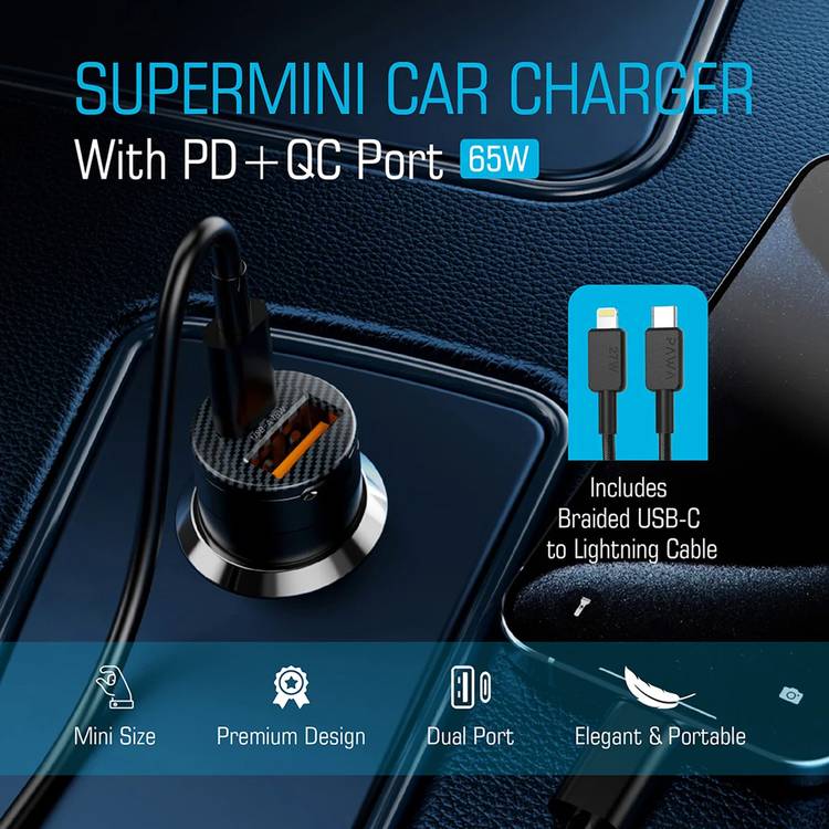 PW-PDTCN65WL-BK , Pawa Supermini Dual Port Car Charger 65W with braided Type-c to Lightning cable-black