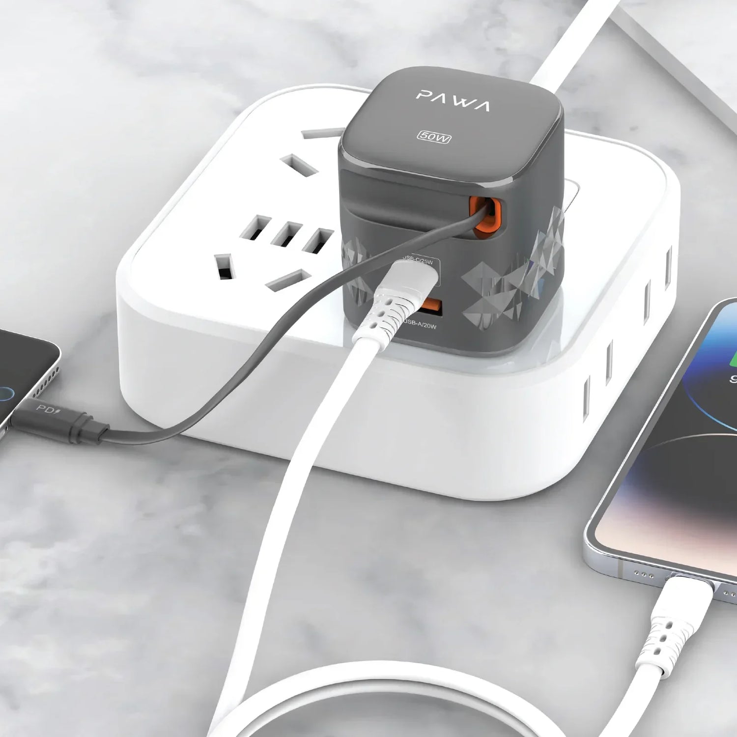 PAWA RETRO 50W UK CHARGER WITH TYPE-C RETRACTABLE CABLE BLACK PW-TAR50ACT-BK