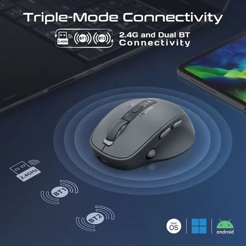 Promate Silent-Click 1600DPI Triple-Mode Wireless Mouse w/ RGB - Black