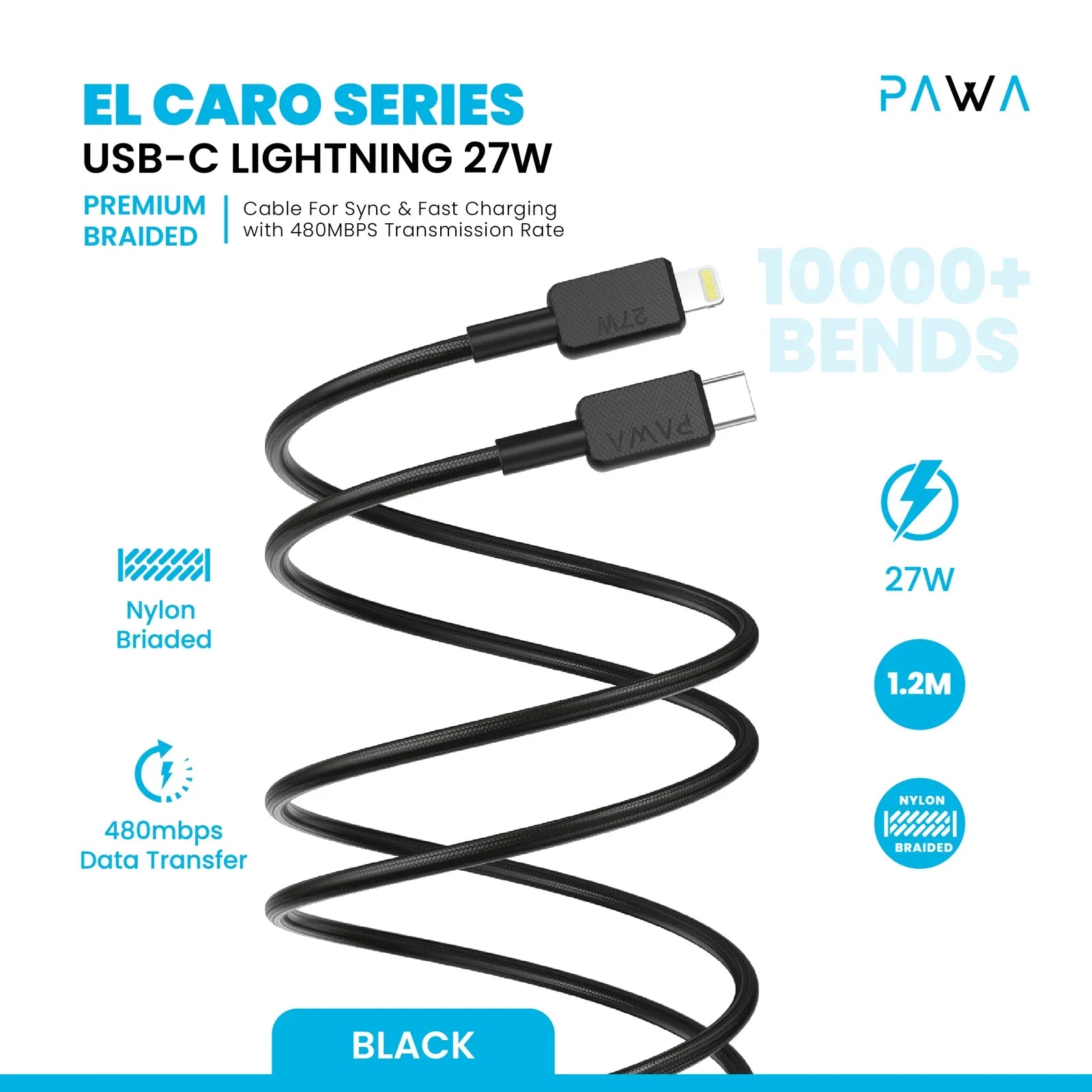 PAWA EL-CARO PREMIUM BRAIDED CABLE USB-C TO LIGHTNING 27W 1.2M Black