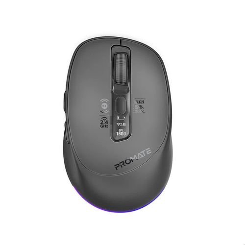 Promate Silent-Click 1600DPI Triple-Mode Wireless Mouse w/ RGB - Black