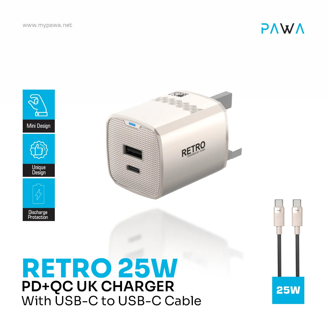 PW-TR225UKT-TT | كابل باوا ريترو ٢٥ واط مع منفذ PD+QC، قابس بريطاني، وكابل من النوع C إلى النوع C | تيتانيوم