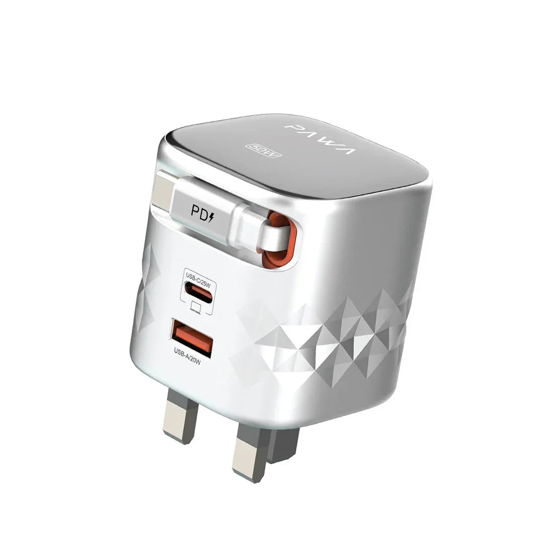 Pawa Retro 50W UK Charger With Retractable Cable - Grey & Black ( PW-TAR50ACT-GYBK)