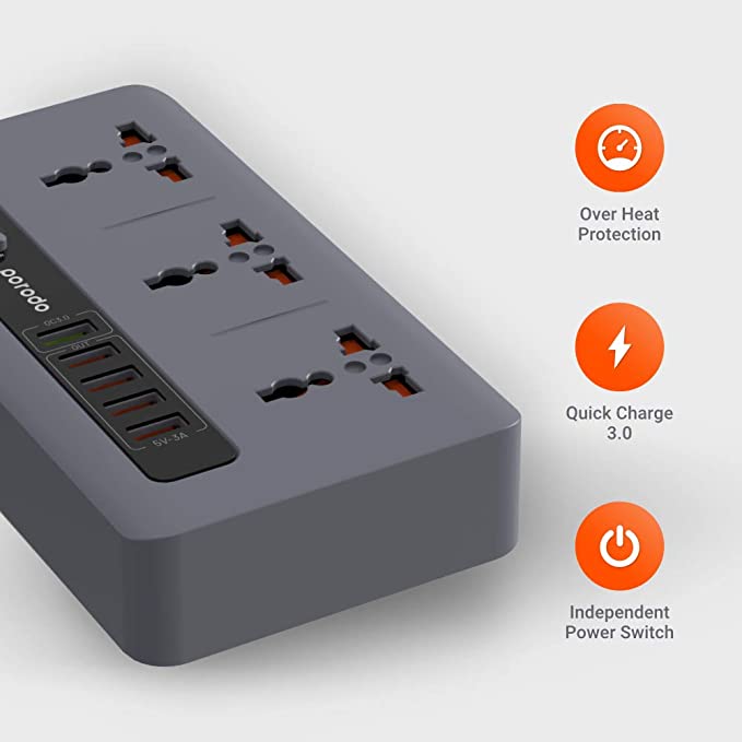 Porodo Universal Power Hub with Power Socket Strip, 4 USB Port 1 Quick Charge with 3 Universal Power Sockets - Gray