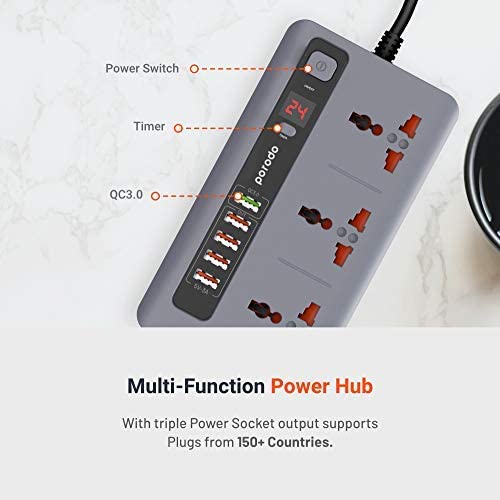 Porodo Universal Power Hub with Power Socket Strip, 4 USB Port 1 Quick Charge with 3 Universal Power Sockets - Gray