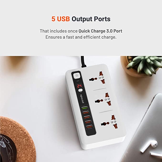 Porodo Universal Power Hub with Power Socket Strip, 4 USB Port 1 Quick Charge with 3 Universal Power Sockets - White