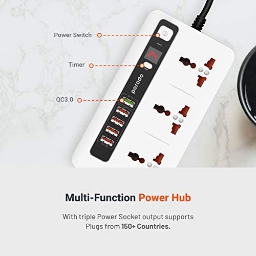 Porodo Universal Power Hub with Power Socket Strip, 4 USB Port 1 Quick Charge with 3 Universal Power Sockets - White