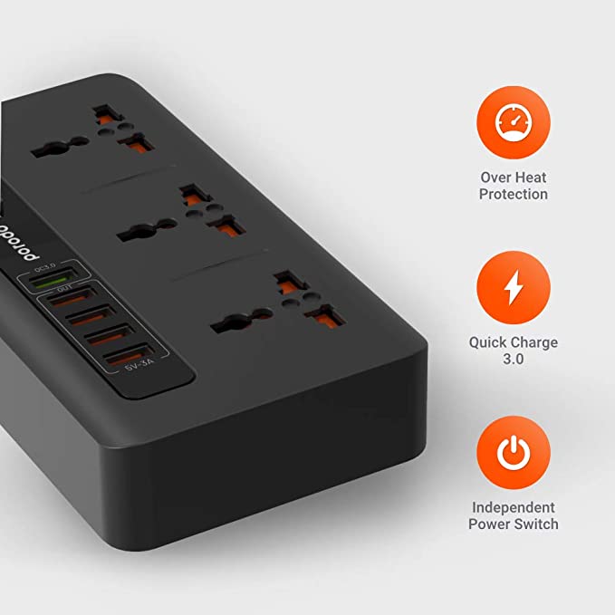 بورودو – منفذ USB 4 بقوة 3.4 أمبير + 1 كيو سي 3.0 مع 3 مقابس طاقة عالمية 10 أمبير – أسود