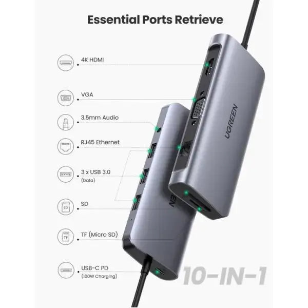 UGreen USB-C To 3*USB 3.0 A+HDMI+VGA+RJ45 Gigabit+SD/TF+AUX3.5mm+PD C ( 10 in 1 ) - GulfStore.com