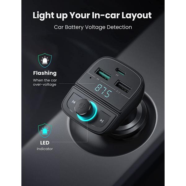 UGreen Car Bluetooth Adapter - Bluetooth FM Transmitter for Car PD/QC 3.0 Car Charger