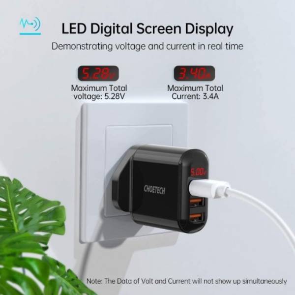 Choetech 3 Port USB Wall Charger with Digital Display Q5009-BK - GulfStore.com