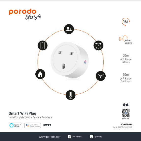 Porodo Smart Wifi Plug With Voice Control - White