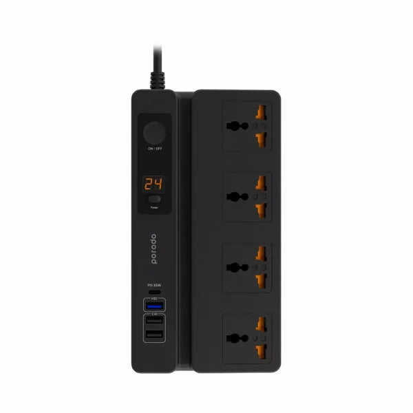 Porodo 4 AC 3 USB & USB-C PD 35W Socket 3M 3000W UK Black - GulfStore.com