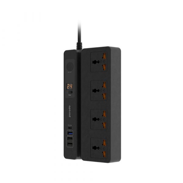 Porodo 4 AC 3 USB & USB-C PD 35W Socket 3M 3000W UK Black - GulfStore.com