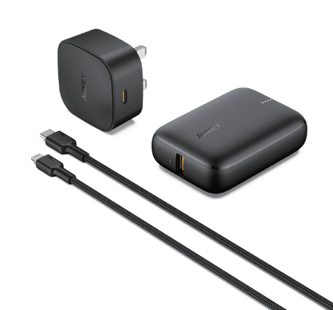 Aukey On The Go Bundle I Mini 20W PD Wall Charger Portable 10000mAh PD Power Bank Nylon Braided 1.2m USB-C To Lightning Cable