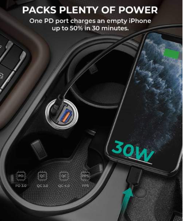 Aukey 30W PD Metal Dual Port Fast Car Charger with PPS & QC 3.0 - Black
