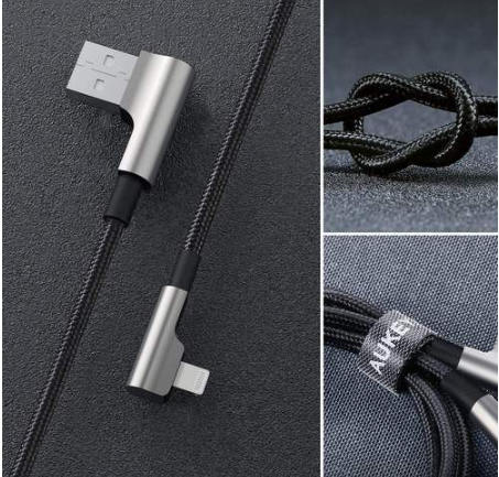 Aukey Right Angle Gaming MFi Lighting Cable - 1.2m - Black