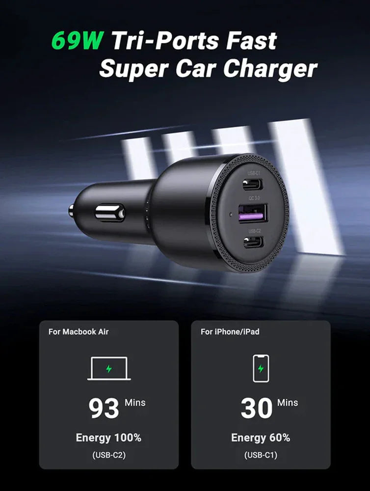 UGreen USB-C Car Charger 69W - Black - GulfStore.com